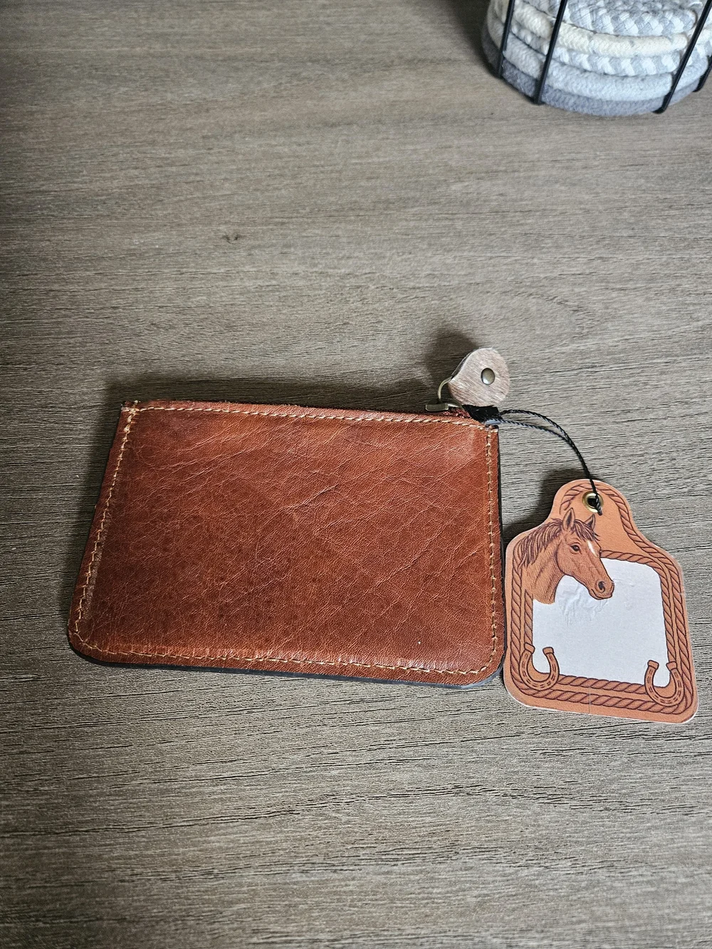 Brown Leather with Cowhide Zip Card Wallet with Black Pig Silhouette-NWT